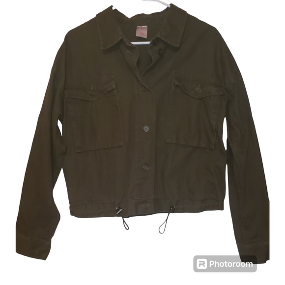No Boundaries Army Green Utility Denim Jacket XL Y2K Stretch Waist Cargo Style - Picture 1 of 8